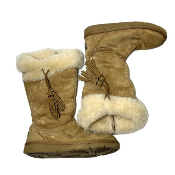 UGG Plumdale Tassle Charm Beige Suede Sheepskin Cuff Side Zip Boots Size 5 - Picture 14 of 15